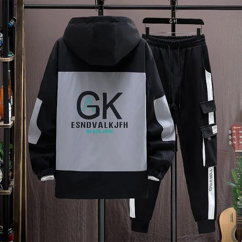 Мужские осенние повседневные комплекты из двух предметов: куртка с капюшоном + брюки, весенняя мода, корейская бейсбольная форма, мужской костюм