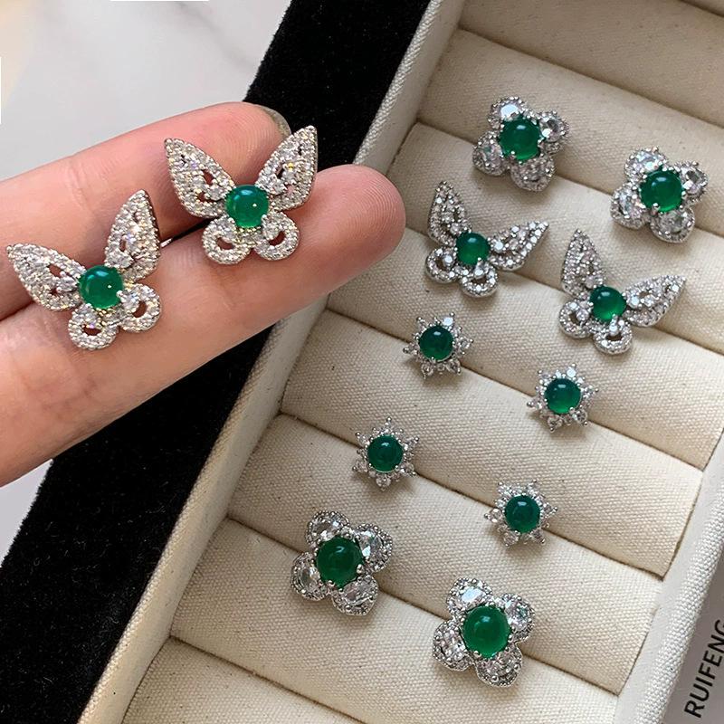 Emerald earrings women's sterling silver needle egg surface jadeite flower earrings niche high-grade four-leaf clover earrings national style