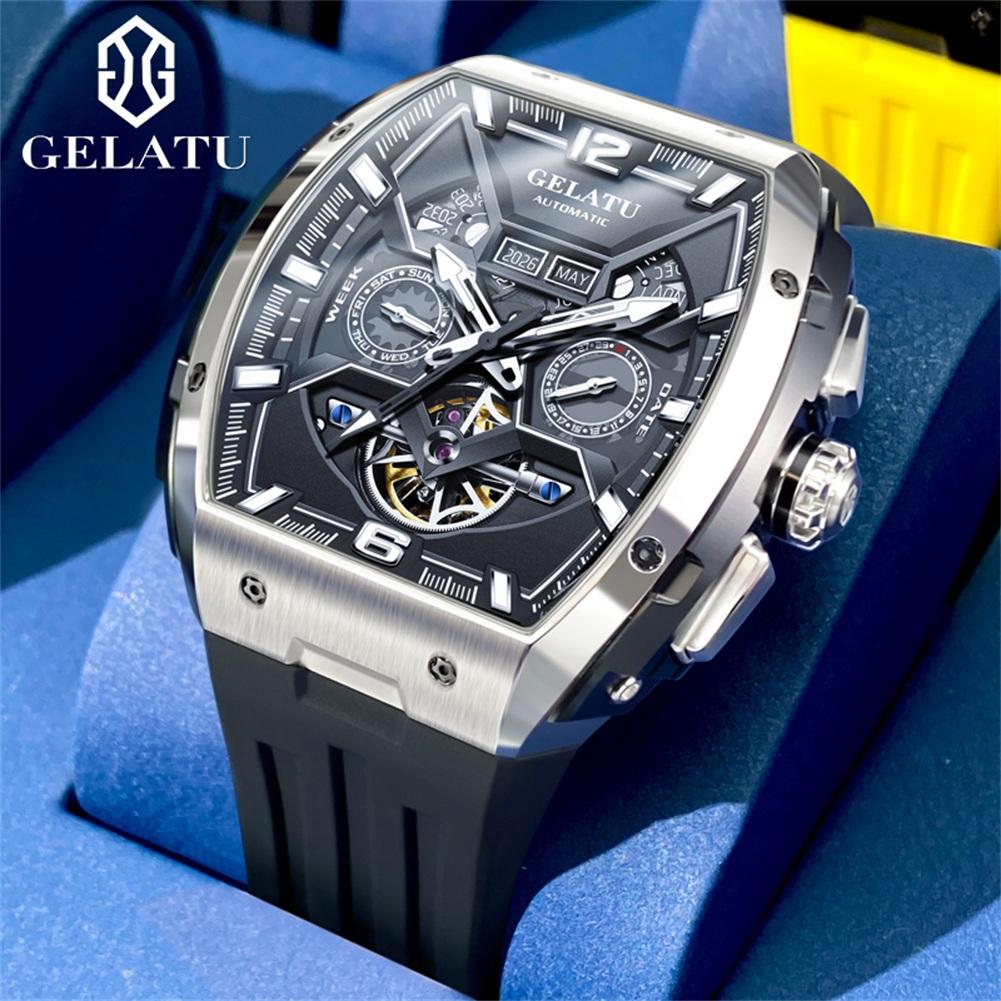 GELATU Automatic Men's Watches Original Silicone Strap Luxury Hollowed Dial Date Week 5Bar Waterproof Mechanical Man Watch 6013