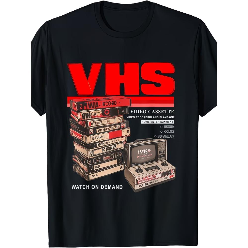 Женская винтажная футболка с графическим принтом "Мужчины, VHS и чилл" Харадзюку с круглым вырезом Уличная одежда Повседневная Модная Оверсайз