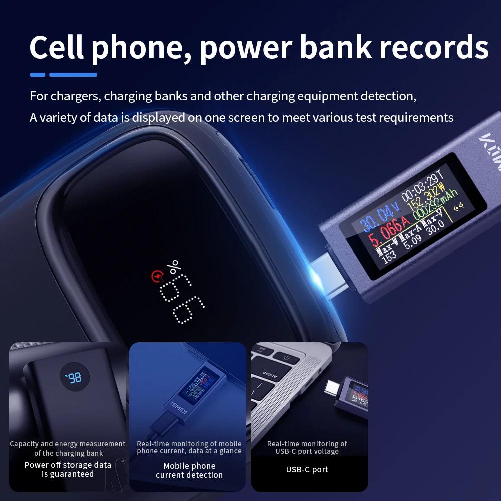Type-C Multi-function Digital Display DC Voltage Ammeter Power Meter Cell Phone Charging Tester DC 4-30V 0-12A Battery Test