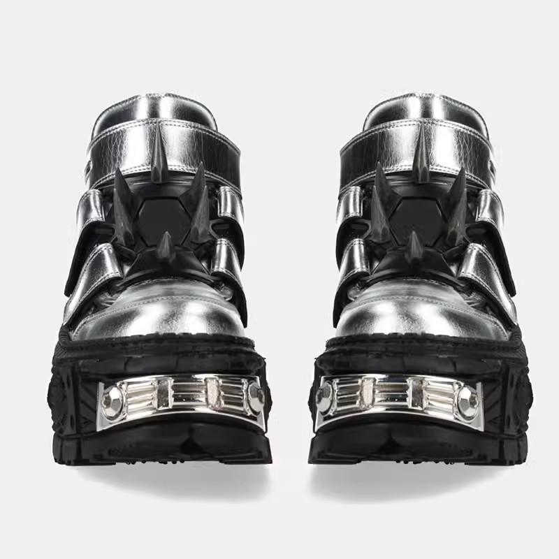 Fashion New Silvery Men Shoes Punk Style Lace-up Heel Height 6CM Platform Shoes Woman Gothic Ankle Rock Boots Metal Decor Woman Sneakers