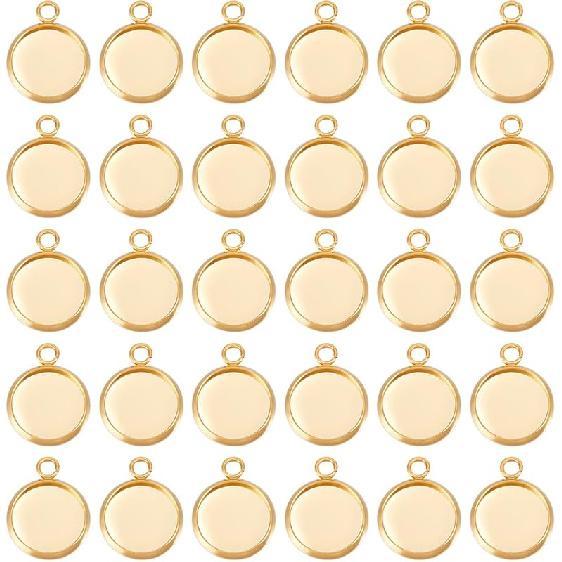 Beebeecraft 1 Box 40Pcs Flat Round Charm 24K Gold Plated Brass 12mm Blank Bezel Tray Charms Cabochon Settings with Loop for Jewelry Making