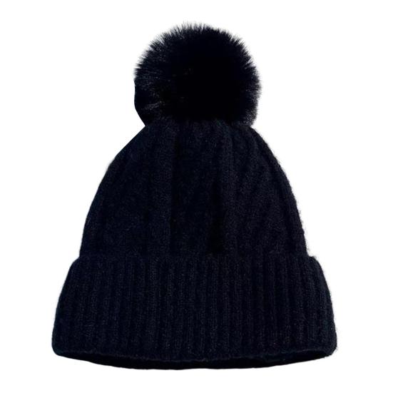 Unisex Winter Beanie Knitted Thick Folded Brim Solid Color Stretchy Pom-Pom Hat Ear Protection Piled Hat Windproof Cold Weather Warm Headgear