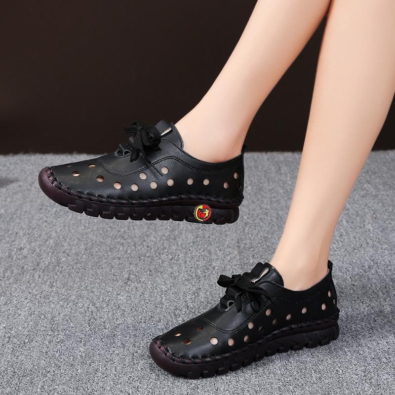 Туфли с мягкой подошвой и выемками для женщин 2024 года, повседневные туфли из винтажной кожи на плоской подошве для женщин, повседневная обувь на открытом воздухе со шнуровкой и нескользящей подошвой