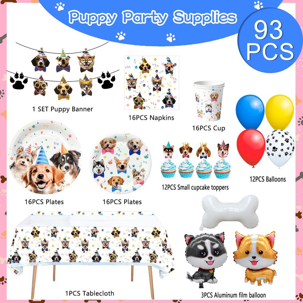 Puppy Dog Birthday Party Supplies,Dog Party Decorations&Tableware Set-Birthday Banner Balloons,Party Plates Cups Table Cloth etc