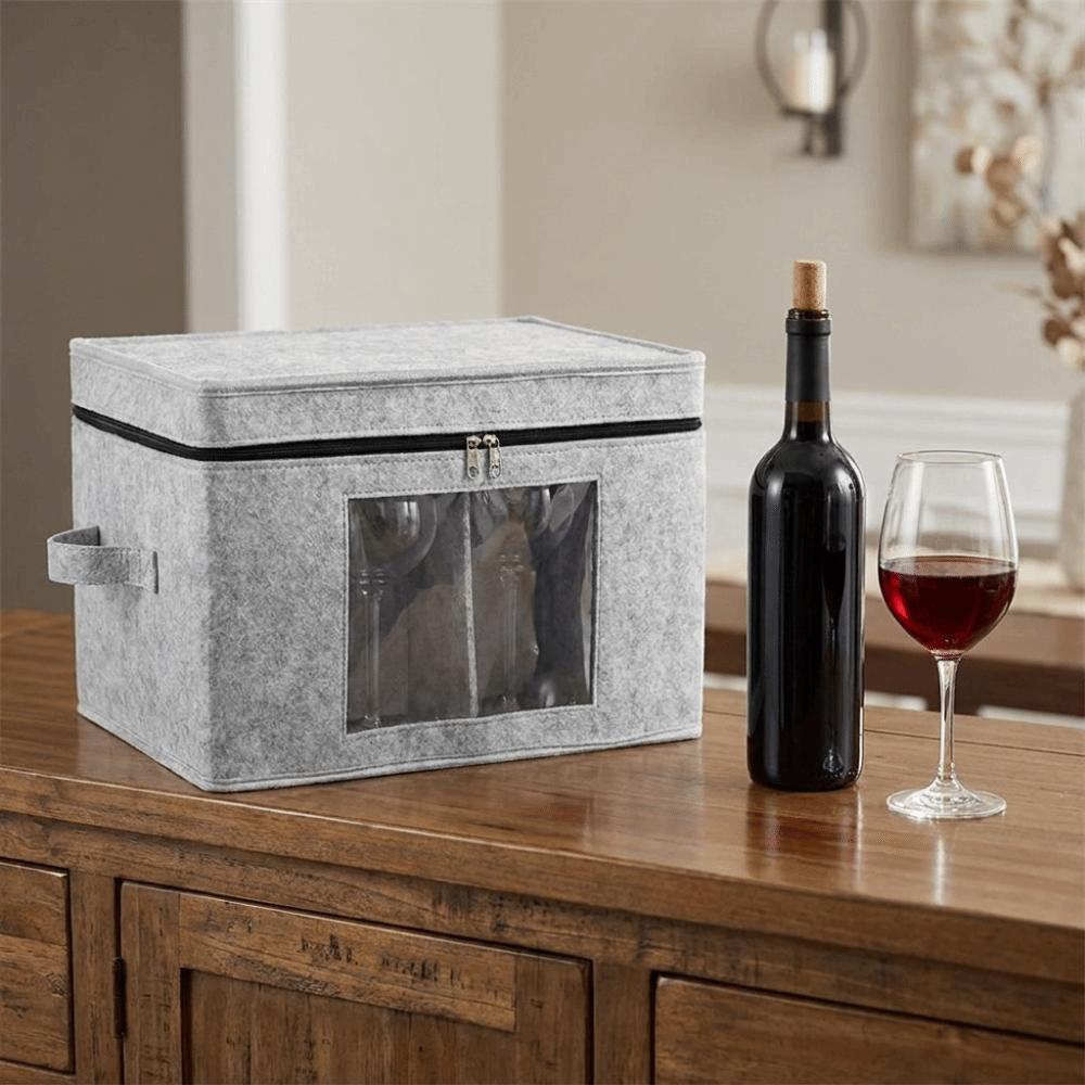 Felt Wine Glass Storage Box Hard Shell Stemware Storage Container for Travel
