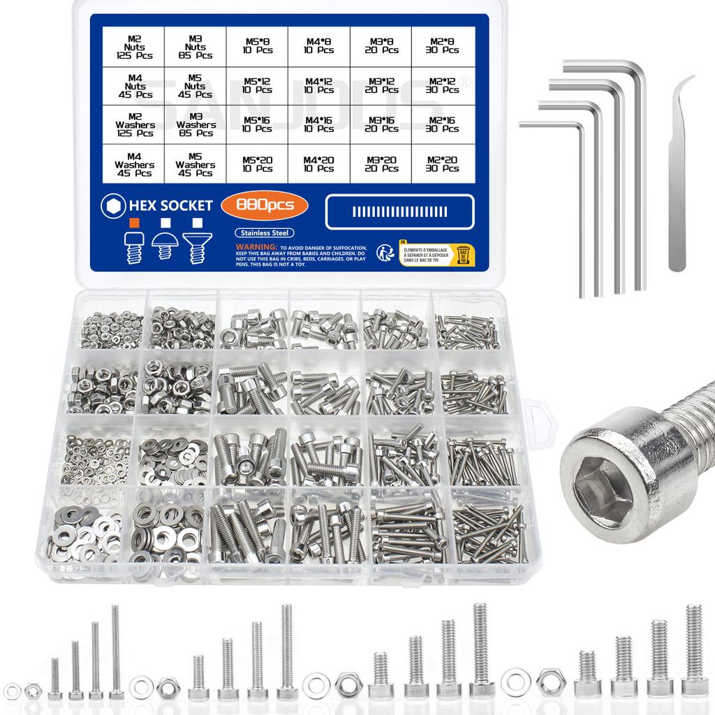 880pcs Stainless Steel Hex Socket Nut & Bolt Set Durable M2 M3 M4 M5 Sizes Includes Flat Washer for Secure Fastening DIY Project