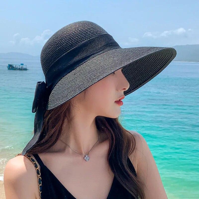 Летняя соломенная шляпа с большим бантом, женская Панама с широкими полями, пляжная кепка, портативная складная дорожная женская солнцезащитная шляпа