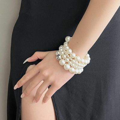 Multi Layer Wide Handmade Chunky Pearl Bracelet Cute Sweet Style Jewelry for Teen Girls Birthday Party Gift Accessory