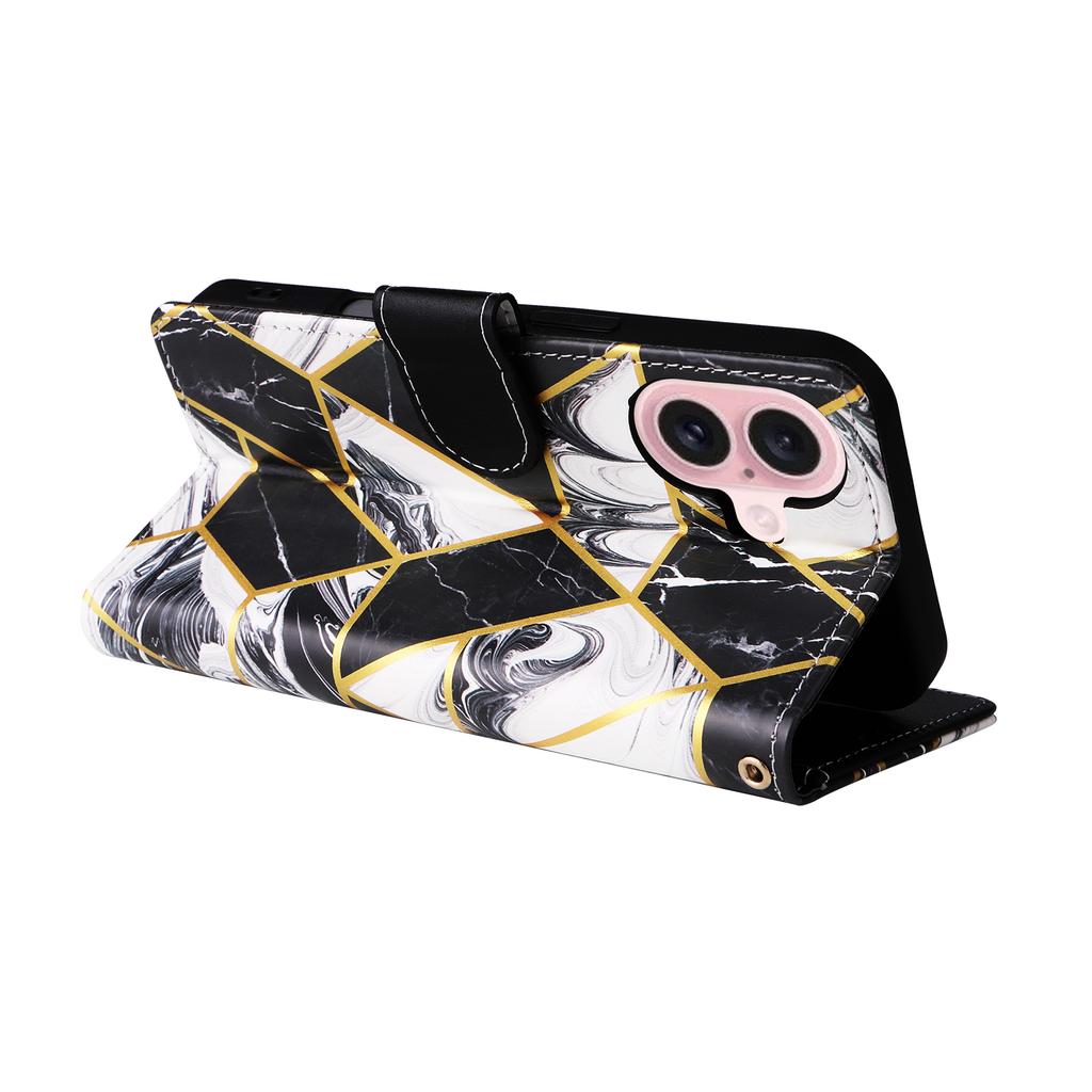 For iPhone 17 Case Lacquered Marble Pattern Leather Phone Cover with Wrist Strap