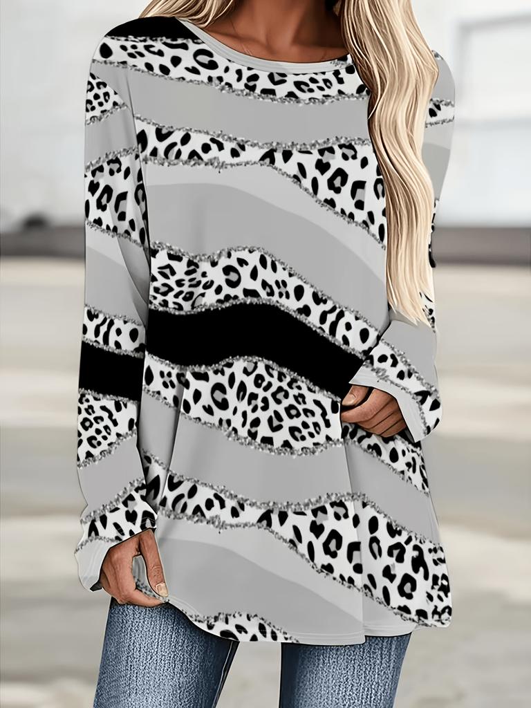 Women's Spring and Autumn Clothing Fashionable Leopard Color Casual Round Neck Long Sleeve T-Shirt Casual Long T-Shirt Top