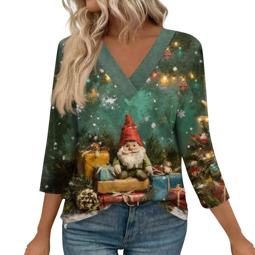 Women's Loose Comfortable Casual Fashion V-Neck Christmas Print 3/4 Sleeve Top