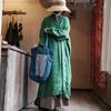 Women Vintage Linen Green Dress Stand Long Sleeve Button Solid Color Autumn Robes Loose Chinese Style Dress