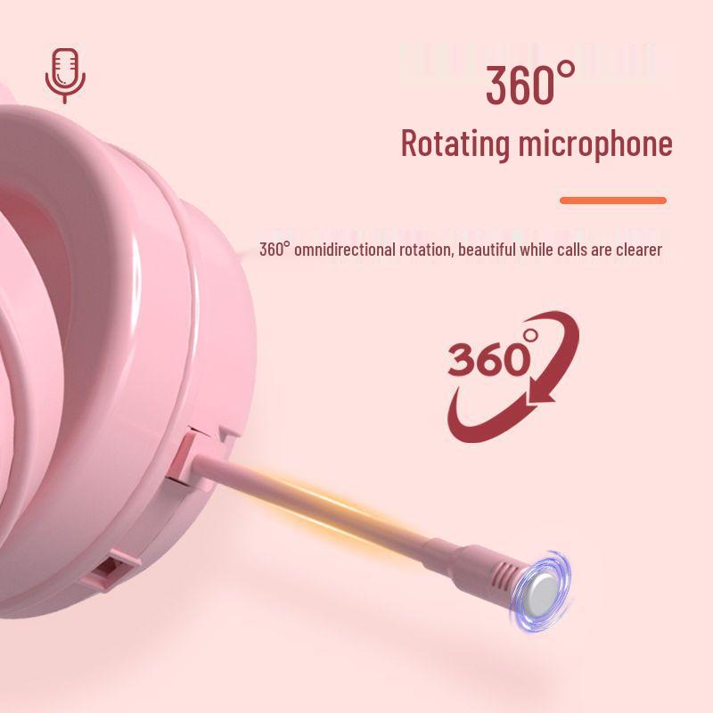 Pink Cat Ear Over-Ear Wired Headphones for Gaming and Esports - Cute Girly Design with Heart Accent.