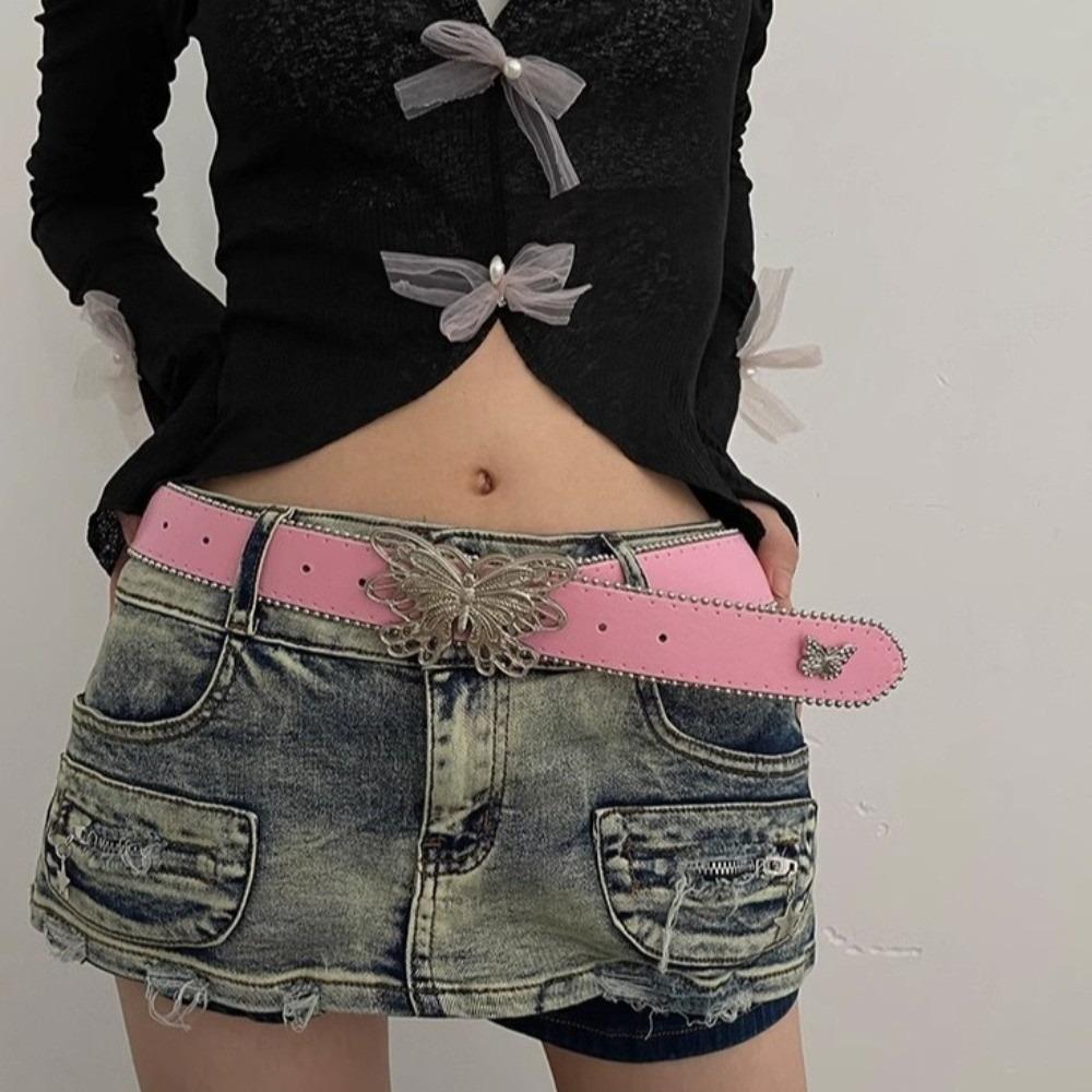 Y2k Metal Buckle Belt Pu Leather Female Cummerbunds Cool Butterfly Belt  Decorative Jeans