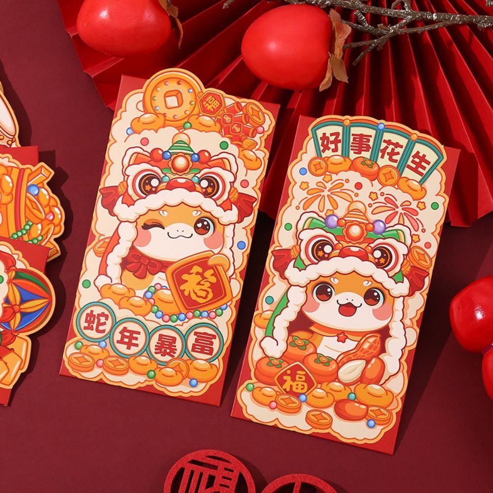 6pcs Traditional 2025 Snake Year Red Envelopes Cartoon Lucky Money Bag Graduation