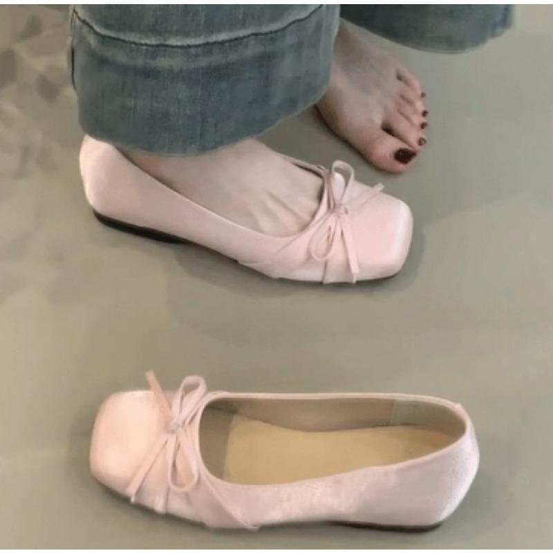 Модные Новые Дышащие Шелковые Балетки Балетки Женские Осенние Слипоны Лоферы Квадратный Носок Бантик Плоские Повседневные Туфли Zapatos Mujer
