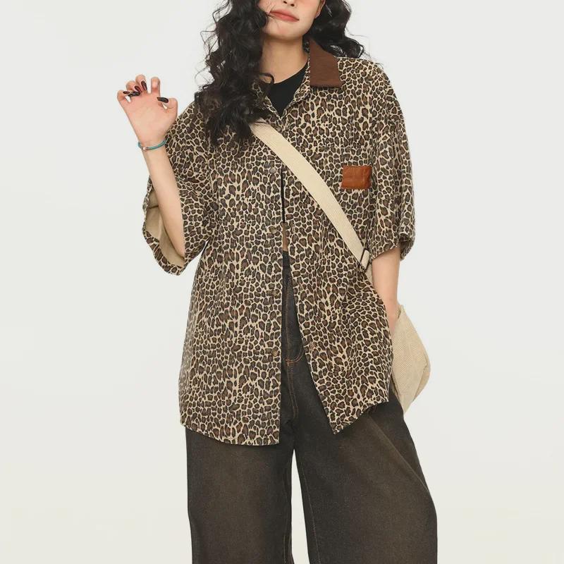 Unisex Vintage Leopard Print Polo Collar Short Sleeve Street Jacket