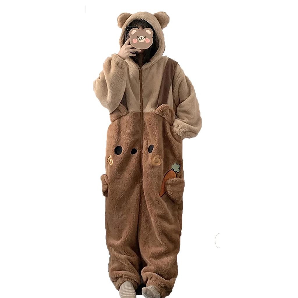 ZYOOFOV Women's Cute Bear Kigurumi Pajamas, Fall/Winter, Long Sleeves, Open Front, Fluffy Flannel Pajamas, Loose Fit, Thick, Warm