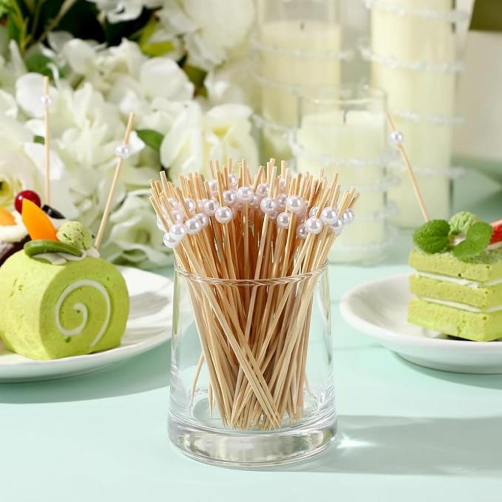 100 Counts Cocktail Picks, Fancy Toothpicks for Appetizers, Pearl Wooden Sticks for Party Supplies, Valentine's Day Food Picks for Party