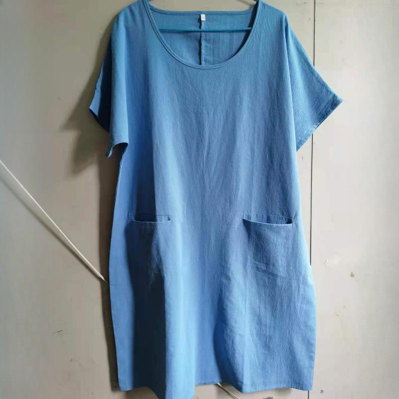 GMXIA Women's Summer Loose Solid Colour Pocket Short Sleeve O-Neck Washed Cotton Linen Dress