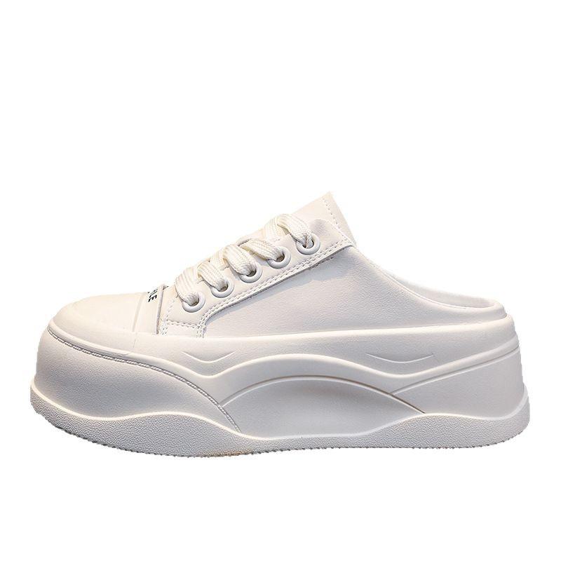 Leather Thick-soled Heightened Bag Head Half Slippers Women's Outer Wear 2025 New One-pedal Lazy Muffin Little White Cool Slippers