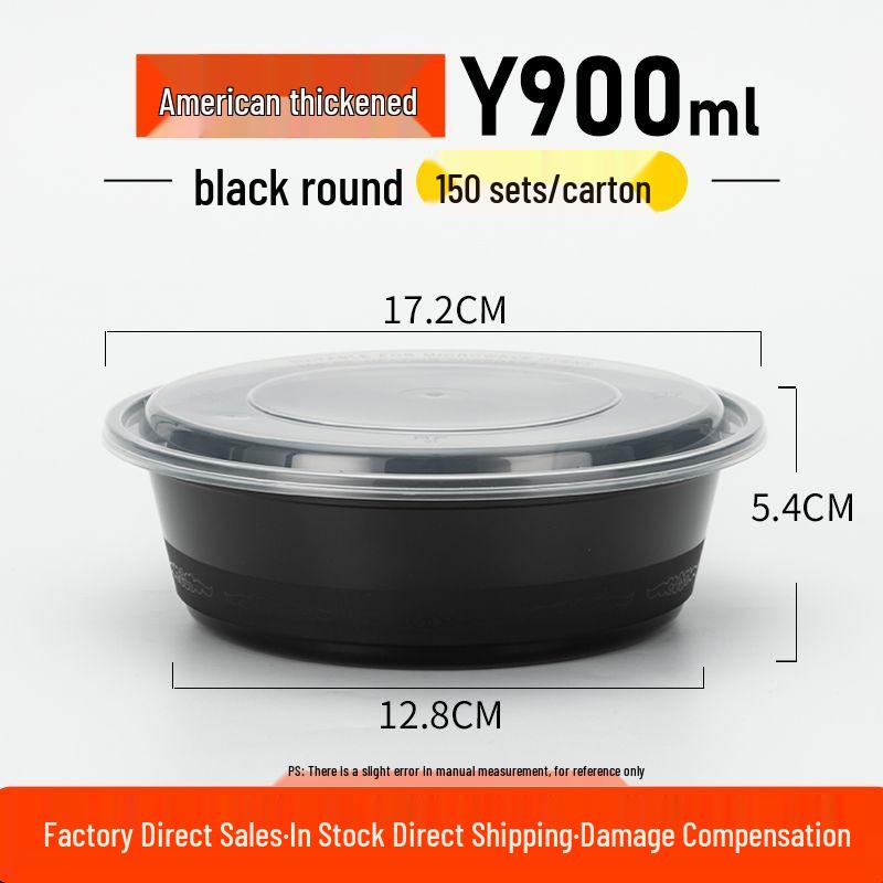 American Black Round Disposable Food Container, 350ml-1500ml - High-End Plastic Takeout Box