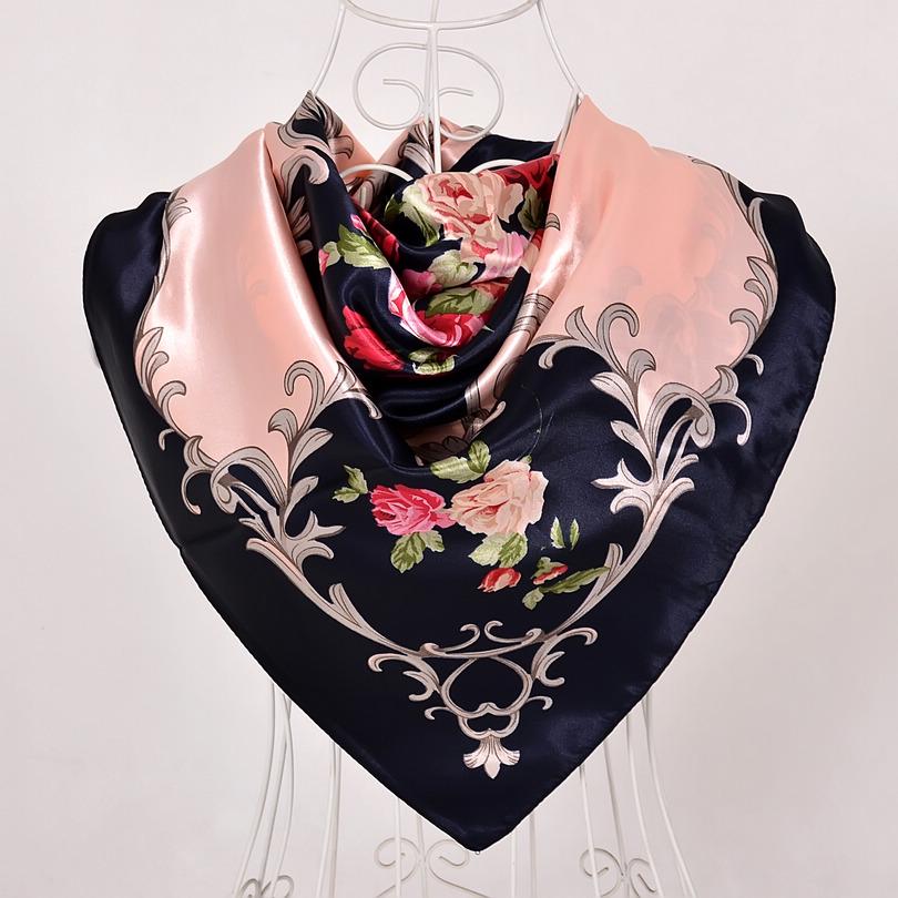 [BYSIFA] Navy Blue Chinese Roses Large Square Scarves New Female Elegant Large Silk Scarf Fashion Ladies Accessories 90*90cm