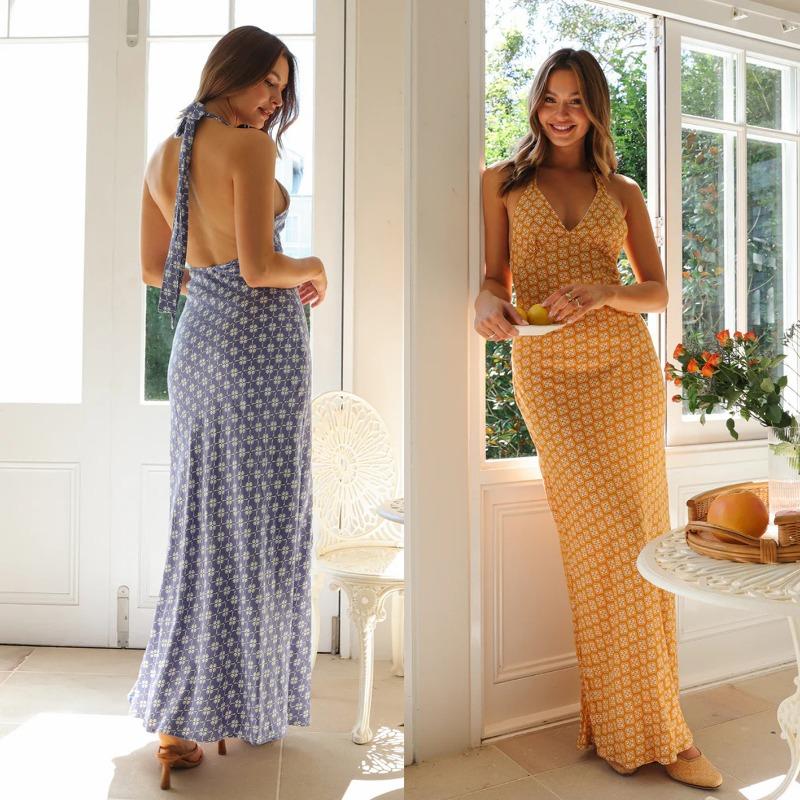 Женское платье весна/лето с V-образным вырезом и высокой талией, сексуальное с принтом, халтер, длинное платье