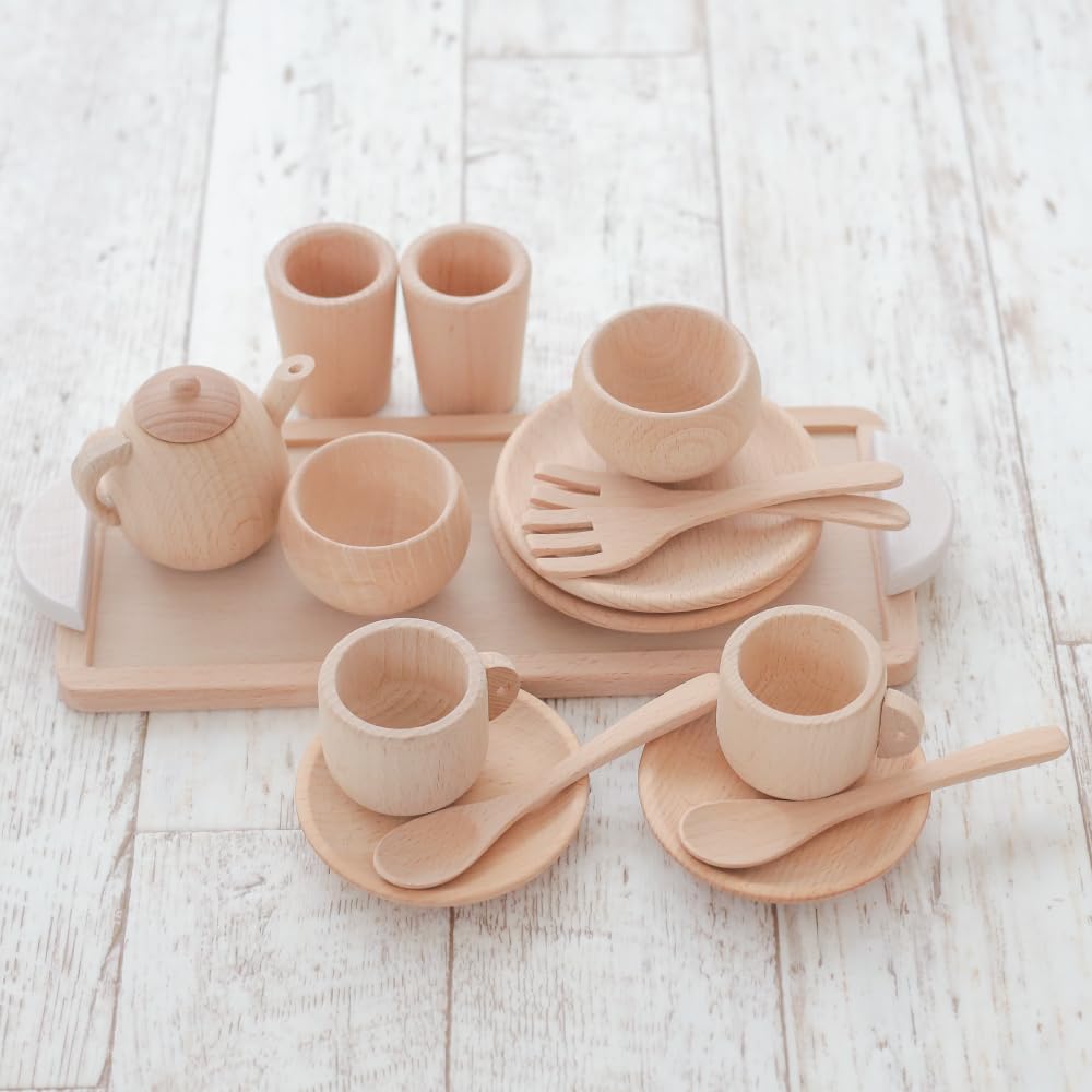 Wooden Toy Daiwa Mini Tableware Set Wooden Toy Tea Set Tea Party Wooden Tableware Wooden Tableware Set Play House Play Kitchen Play Set (White)