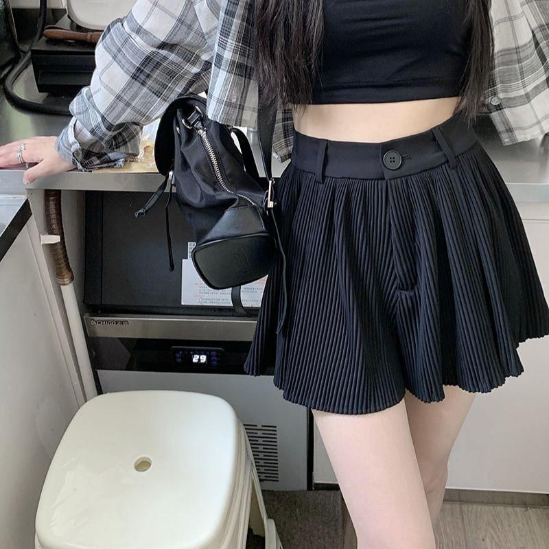 Черная плиссированная юбка-шорты для женщин, корейская летняя сексуальная мини-юбка с высокой талией, повседневные универсальные шорты А-силуэта