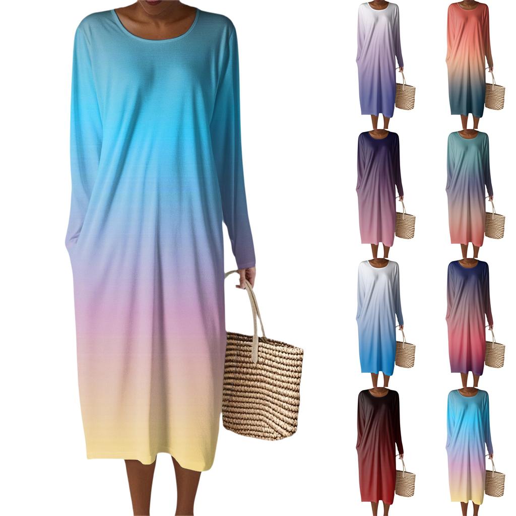 Женское модное повседневное платье с длинным рукавом, градиентное, с круглым вырезом, карманом, элегантного темперамента