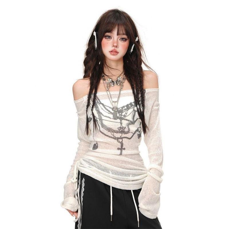 2KWEIRD Японские вязаные топы Y2k Гранж принт тату Футболка с длинным рукавом В рубчик Винтаж Харадзюку Трикотаж с присборками 2000-е Готика