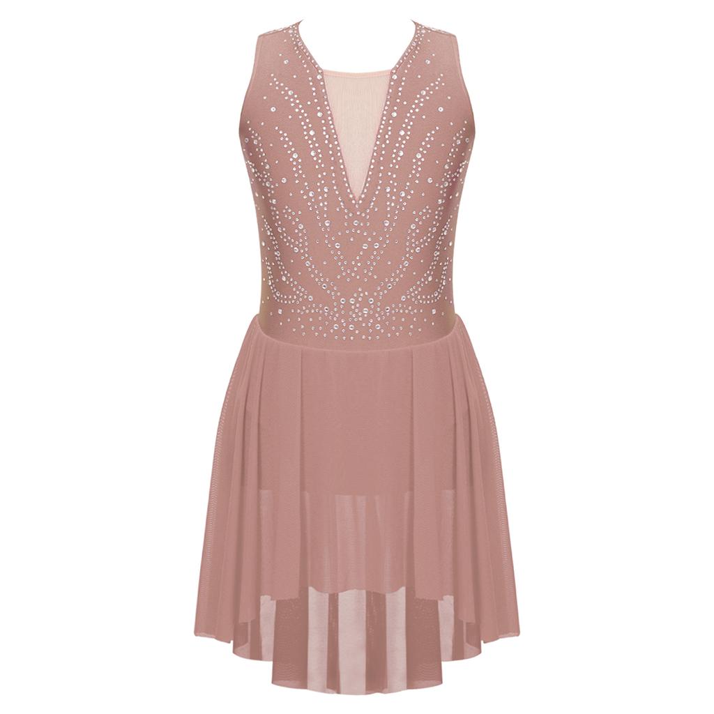 Kids Girls Rhinestone Figure Skating Ballet Lyrical Performance Dress Strappy Back Asymmetrical Hem Sleeveless Dance Dresses