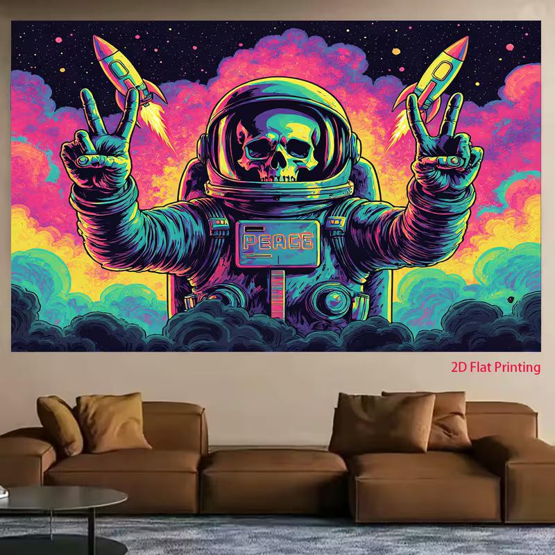2D Neon Astronaut Background, Peace Sign Skull Spaceman & Cosmic Clouds Backdrop