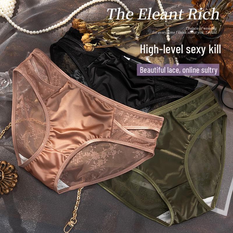 Elegant Lace Mesh Mid-Waist Satin Briefs for Women
