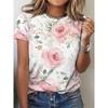 Summer Round Neck 3D Flower Pattern Printed Top Fashionable Casual Short Sleeved Women's T-shirts