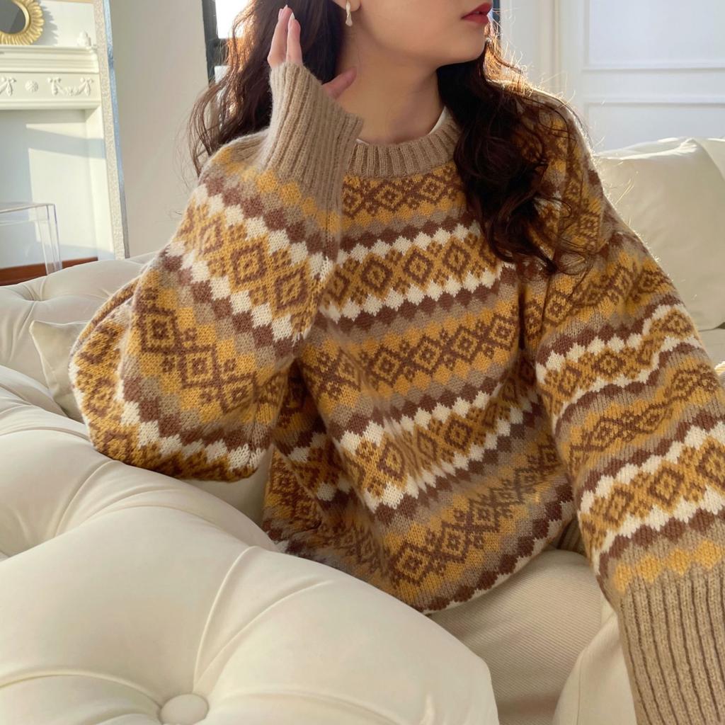 Уникальный дизайн Женский осенне-зимний жаккардовый пуловер свитер Свободный с длинным рукавом Ленивый стиль Вязаный топ Базовый слой