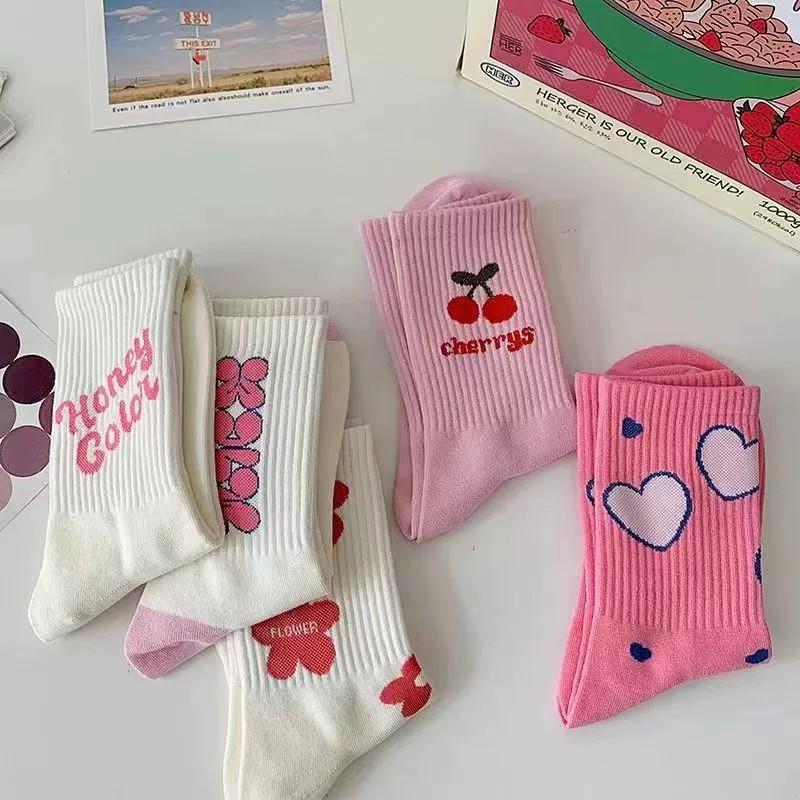 5/10 пар женских носков средней длины с мультяшным принтом, модные носки с надписями и мелким цветочным принтом, розовые с вишней и сердечками, мягкие, удобные, повседневные носки