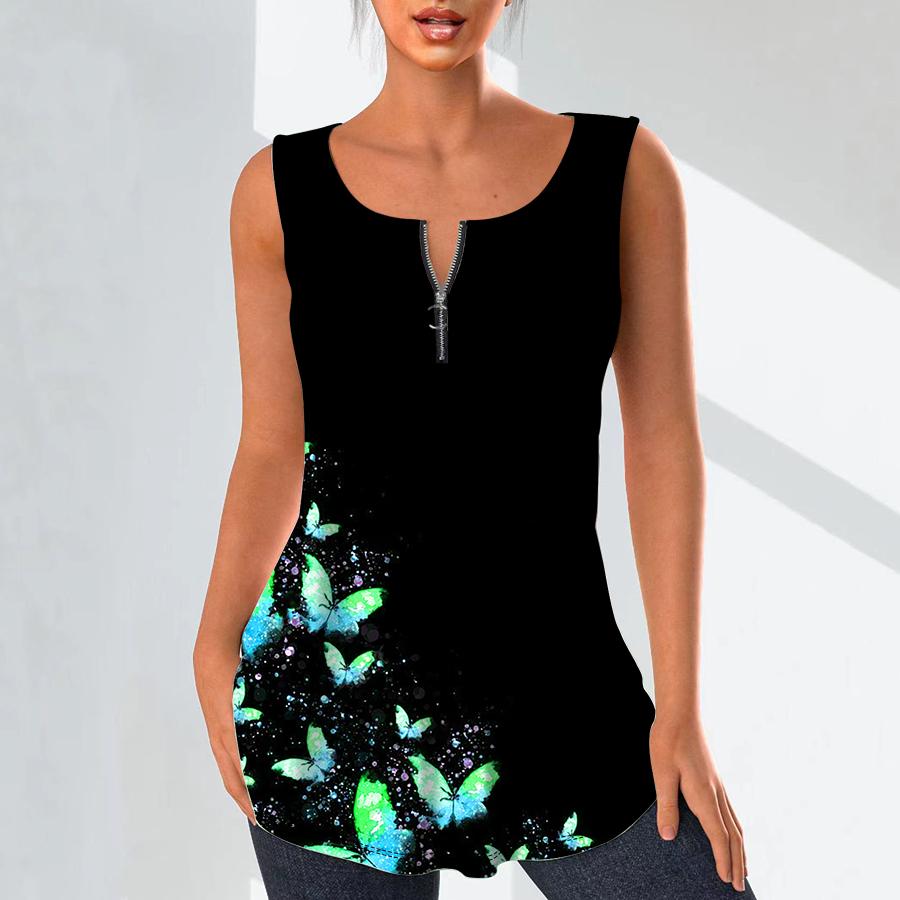 Женская мода рубашки с v-образным вырезом повседневные топы футболка женская 3D красивая жилетка с принтом бабочки плюс размер блузка без рукавов топы на бретелях