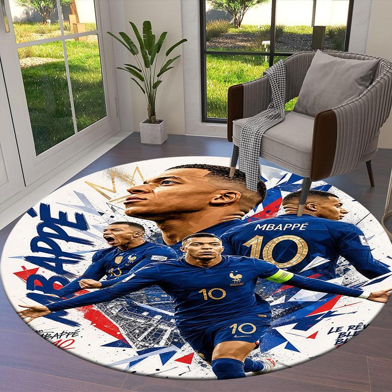 Kylian Mbappe Round Area Rug,Carpet Rug for Living Room Bedroom Sofa Playroom Decor,Non-slip Floor Mat