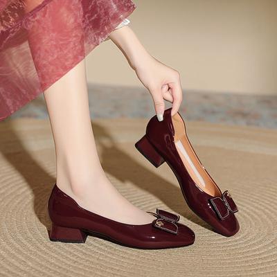 Туфли-лодочки на низком каблуке с открытым верхом, новые весенне-осенние, с бантом, красные, с квадратным носком, на толстом каблуке, на высоком каблуке