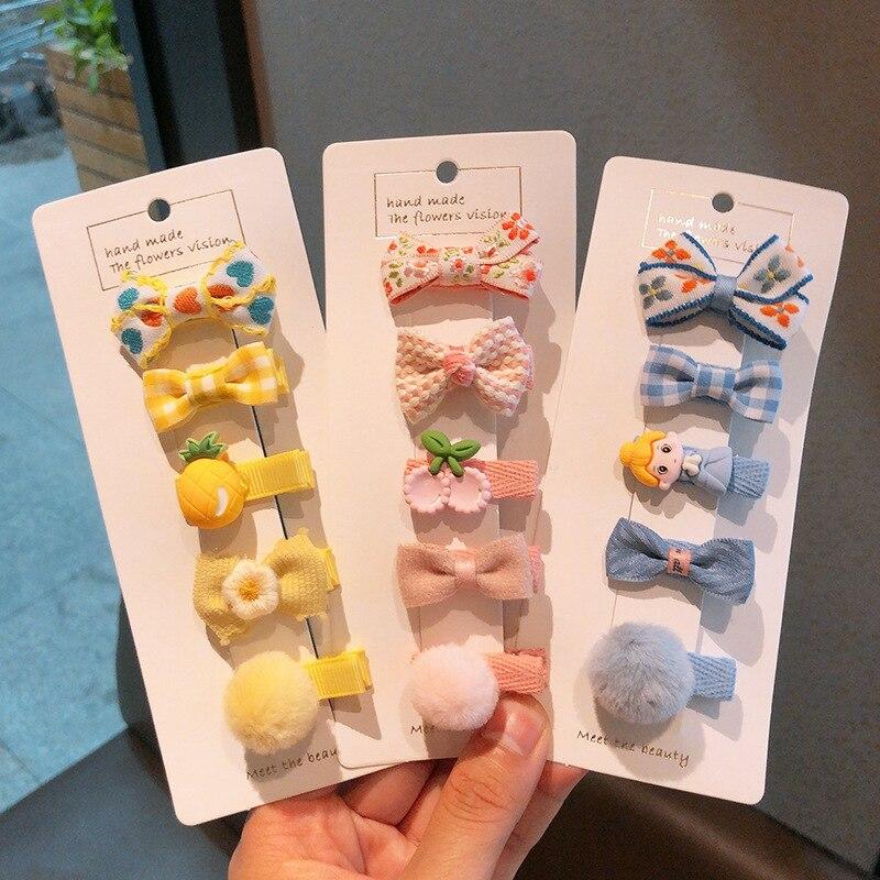 5 шт./компл., милая корейская заколка для волос для маленьких девочек, бант, плюшевый шарик, милая заколка для волос для маленьких девочек, тканевые аксессуары для волос с боковой челкой