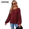 Spring and Autumn Women's Tops Lantern Sleeve Long Sleeve Loose Plus Size V-Neck Tie Shirt