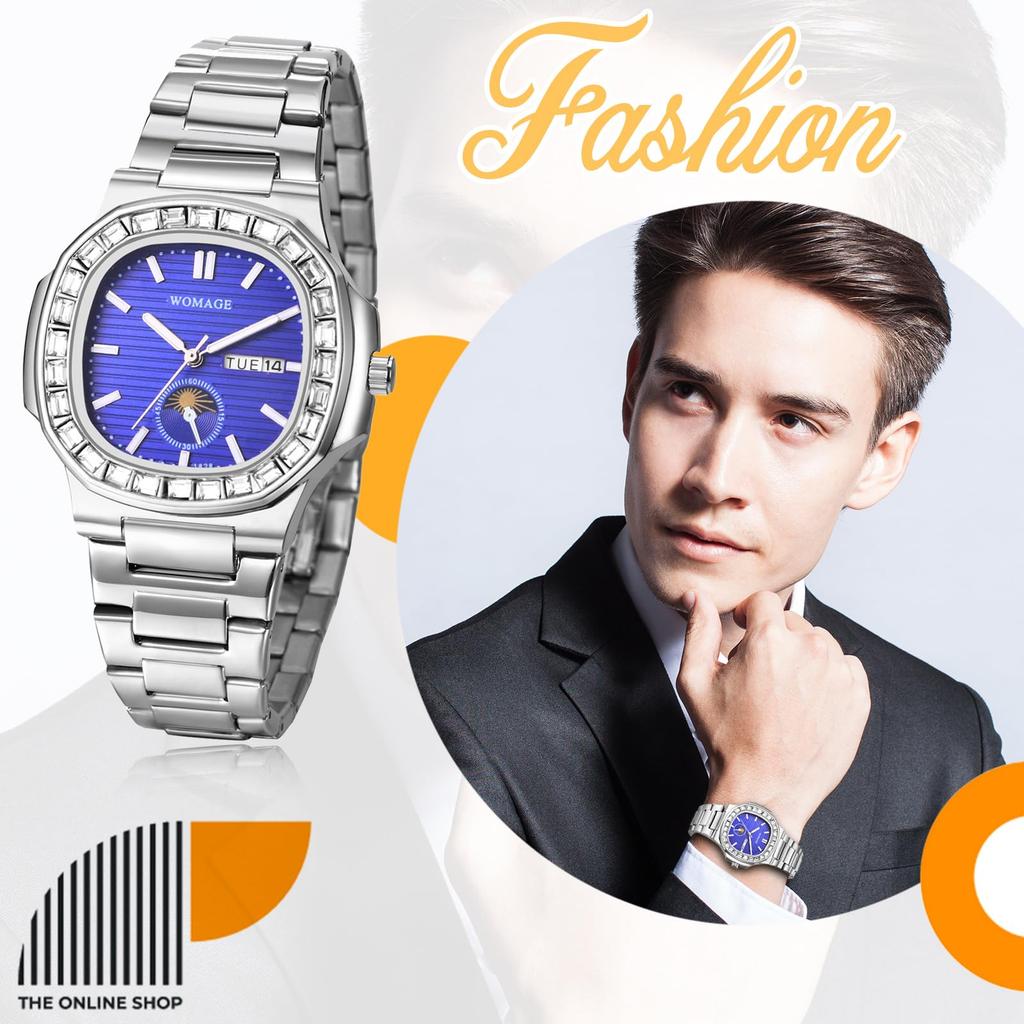 Часы из нержавеющей стали с бриллиантами, люминесцентные аналоговые кварцевые часы золотого цвета, идеальный подарок на день рождения, серебристые мужские часы с календарем, водонепроницаемые, -