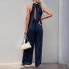 Women's New Party Casual Jumpsuit High Neck Hanging Neck Solid Colour Wide Leg Jumpsuit Trousers