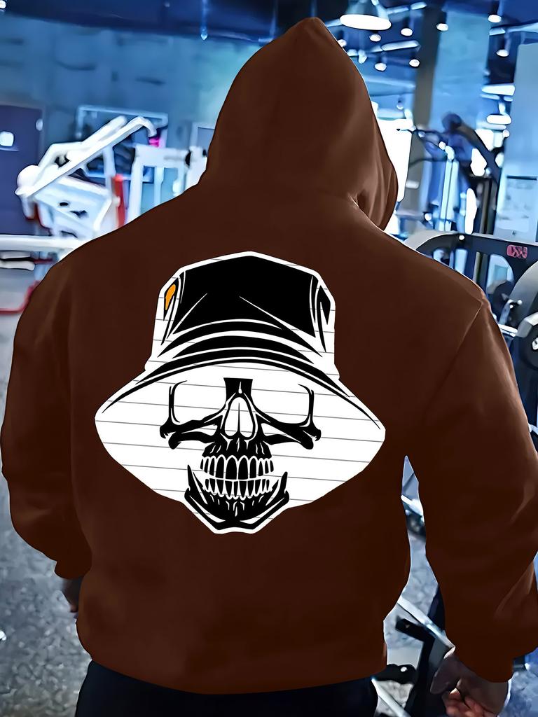 Skull with Hat Back Print Long Sleeve Pullover Hoodie, Hooded Sweatshirt, Front Pocket, Casual Printed Apparel, Machine Washable,