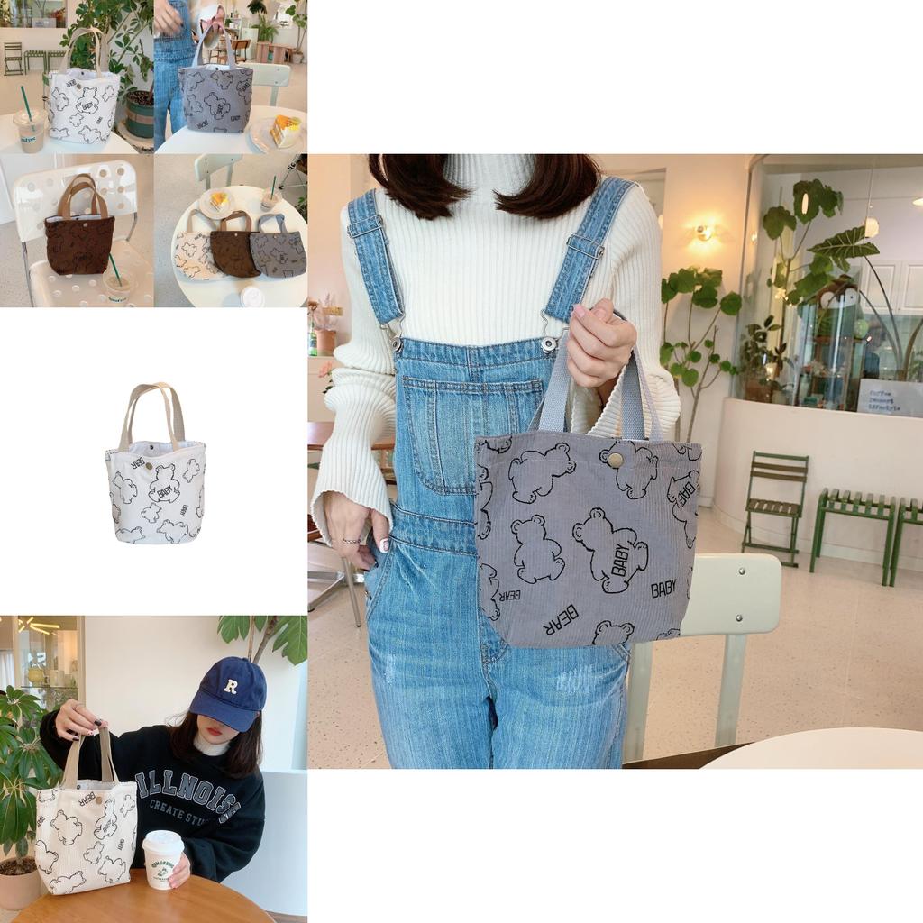 Винтажная вельветовая сумка-тоут для ланча с изображением медвежонка, портативная, большой вместимости, сумка для хранения