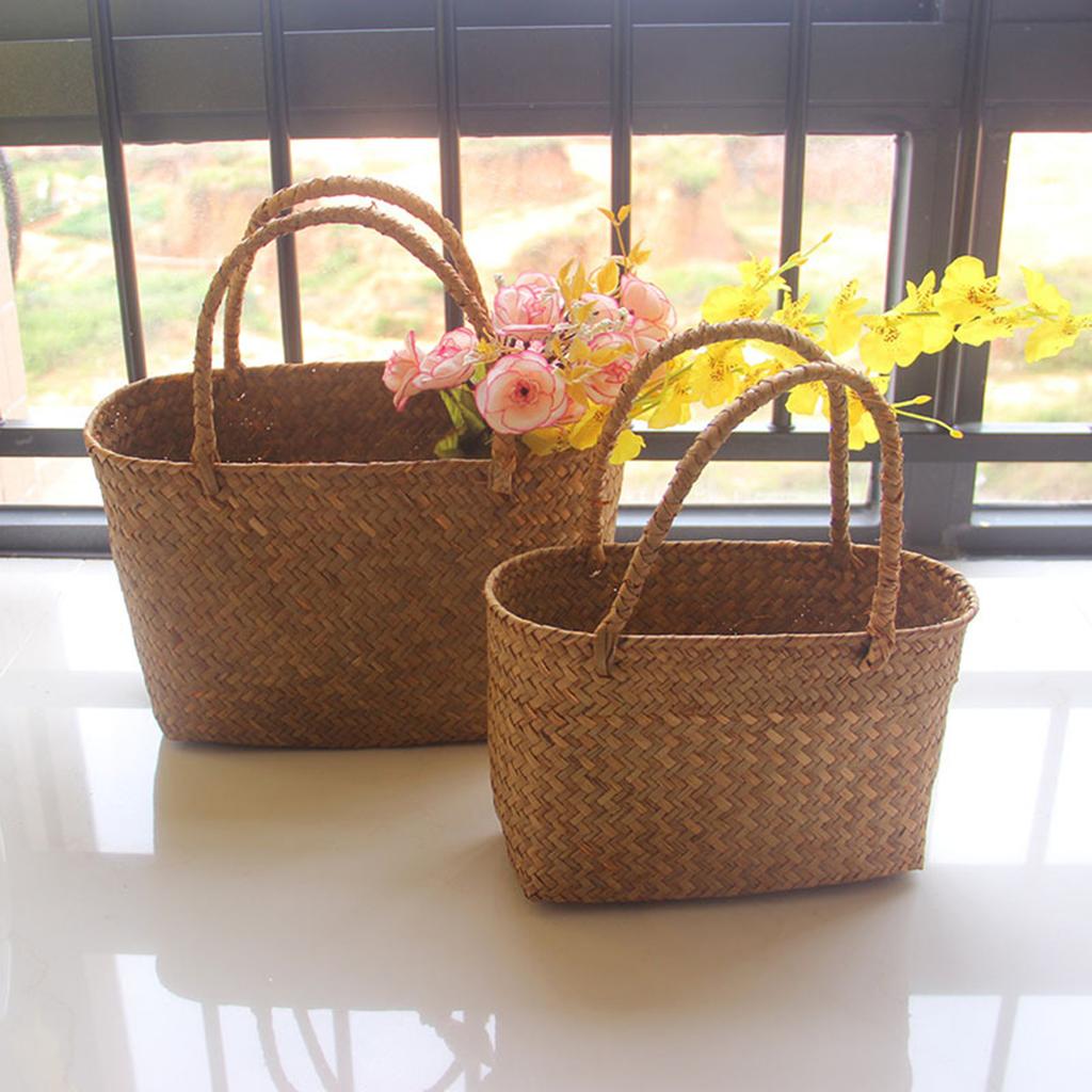 Seagrass Woven Basket Handmade Flower Basket Boho Beach Tote Storage Organizer for Home Decor Wedding Party DIY Craft
